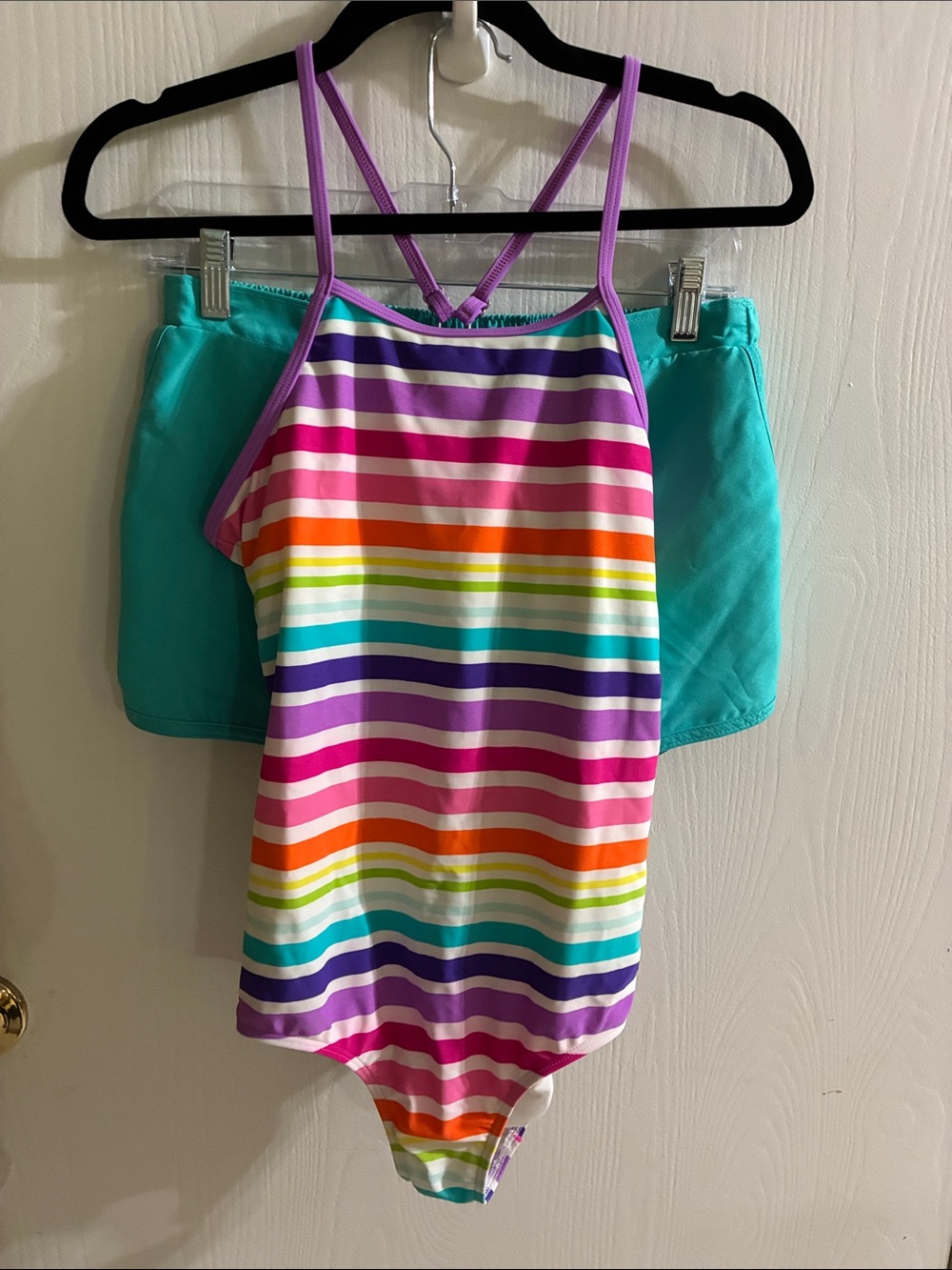 BUNDLE 2 Lands' End One-Piece Swimsuits with rash guard T shirt & swim shorts
